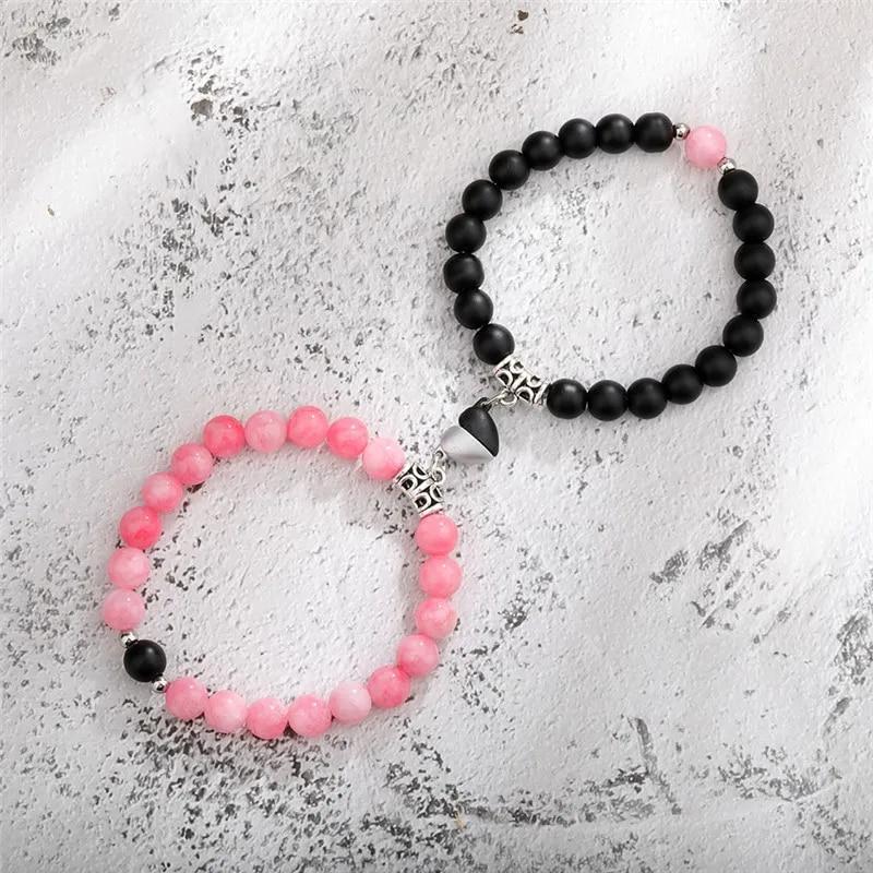 Trendy Couple 2Pcs/Set Natural Stone Beads Love Heart Magnetic Bracelet For Women Men Charm Peach Beaded Bracelets Jewelry Gifts