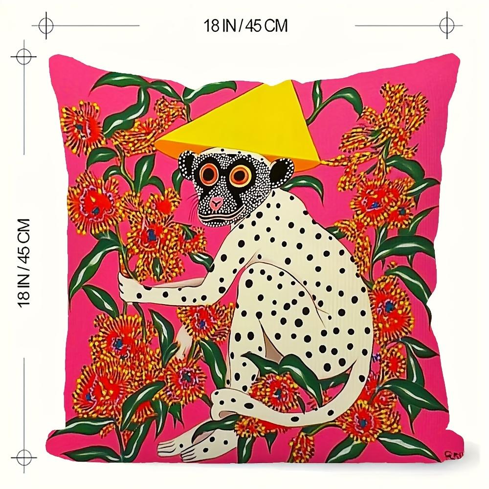 Pop Art Monkey Pillow 18×18" Zipper Cover — Spotted Monkey, Yellow Hat, Pink Floral, Machine Washable, Double-Sided