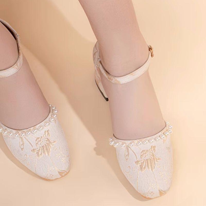 Celebrity style dark pattern retro summer Hanfu Mary Jane high heels Republic of China style with cheongsam height-increasing sandals women