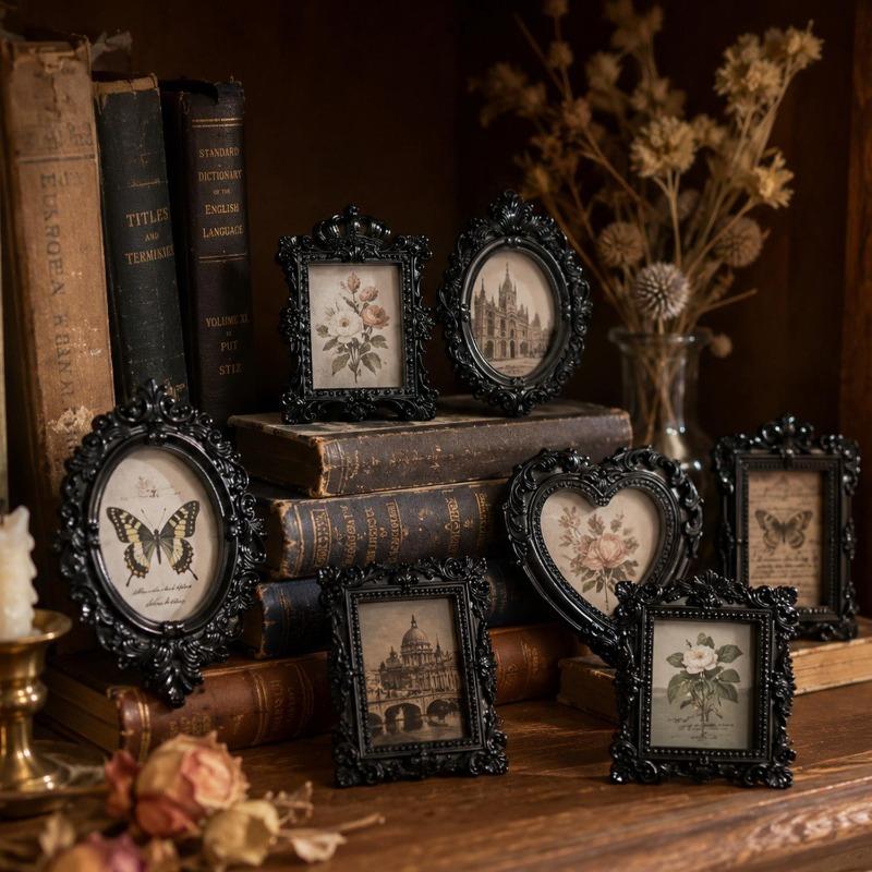 Mini Photo Frame Black Carved Resin Ornate Picture Frame Multi‑Shape Wall Mount Desktop Frame DIY Home Art Decoration Ornament