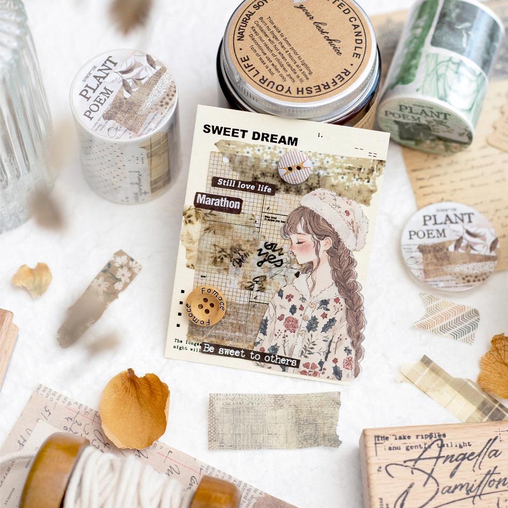 5*200cm Vintage Botanical Washi Tape, Fabric-Texture Repeat Pattern, Artistic Journal Decorations