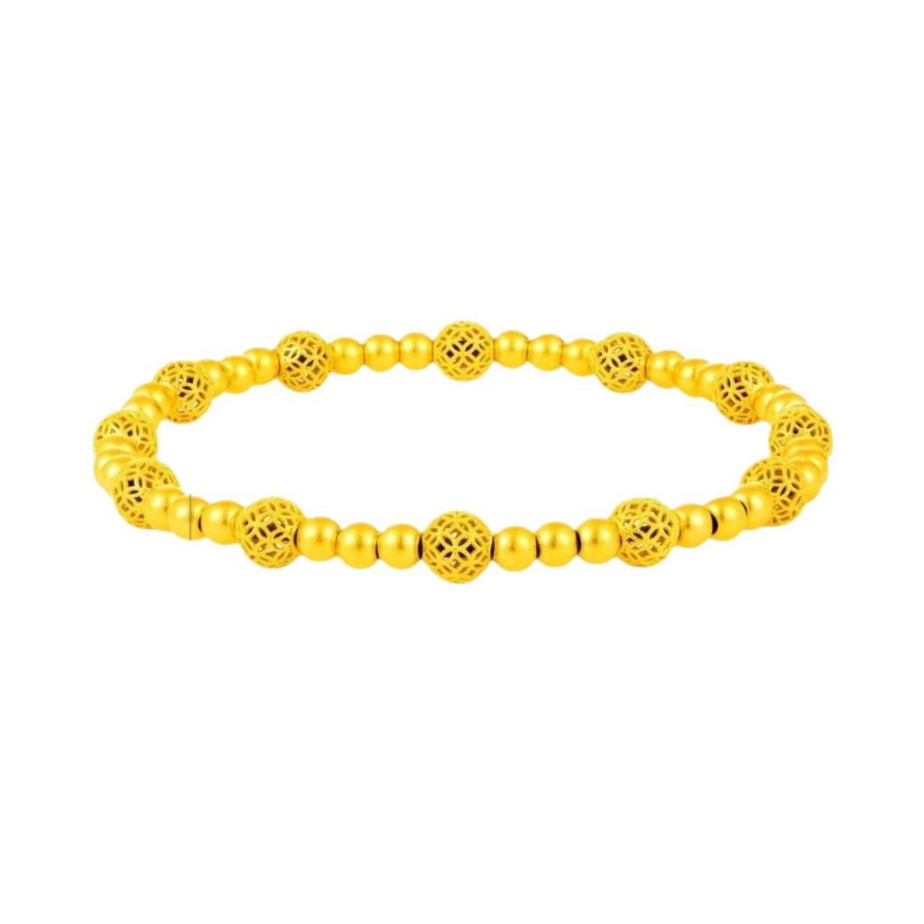Retro Chinese Style Snake Year Filigree Flower Ball Bracelet - Gold Embroidered Lucky Bead Jewelry for Women
