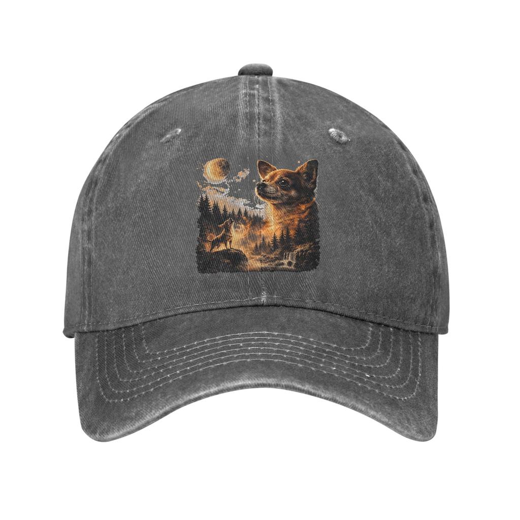 Chihuahua Howling To The Moon Sun Baseball Cap  Y2k Retro FeUnisex Unisex Washed Trucker Hat Baseball Caps Birthday Present