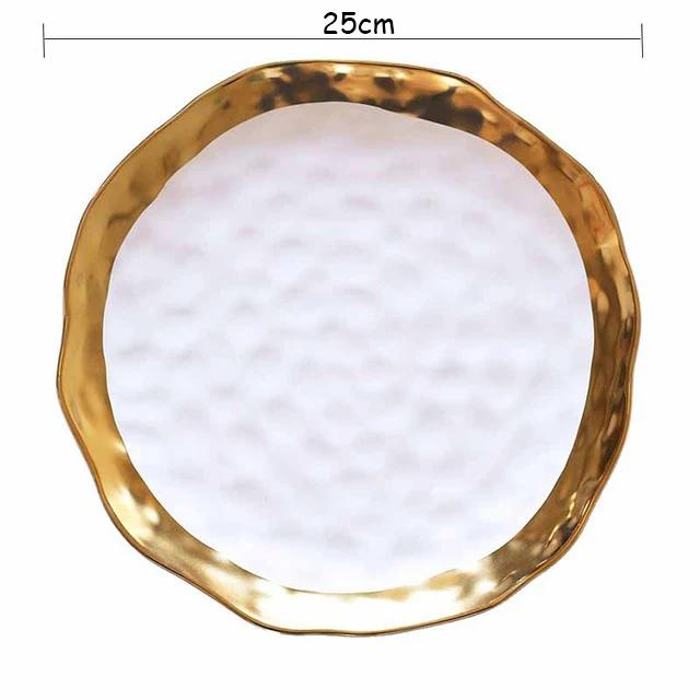 Ceramic White Steak Plate With Gold Edge Breakfast Tray Retro Bowl Dessert Pasta Dishes Western Food Container Ramen Bowl 1pcs