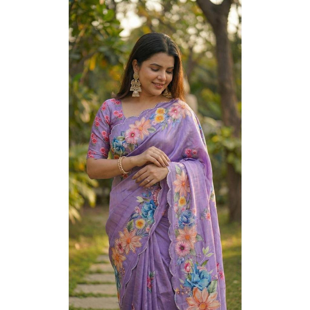 Soft Chinon silk saree floral digital print with beautiful handwork and hand work with cut-work  border