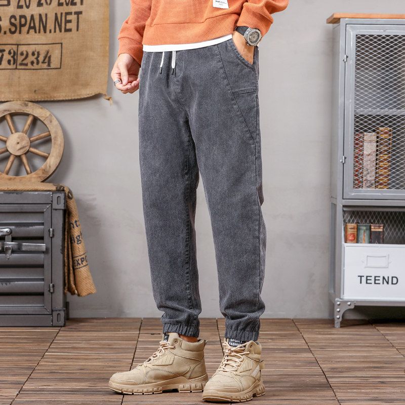 Japanese-Style Vintage Large-Size Workwear Denim Pants for Men, Spring and Autumn Casual Drawstring Jogger Harem Cropped Pants Grey L