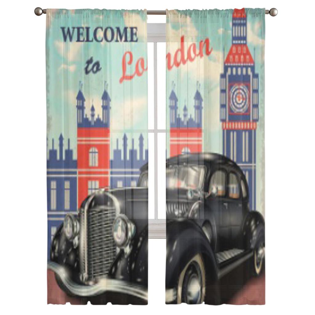 Willkommen in London, Retro-Poster, transparente Vorhänge für Wohnzimmer, transparenter Tüll, Fenstervorhang, Schlafzimmer, Küchendekor, Schleiervorhänge