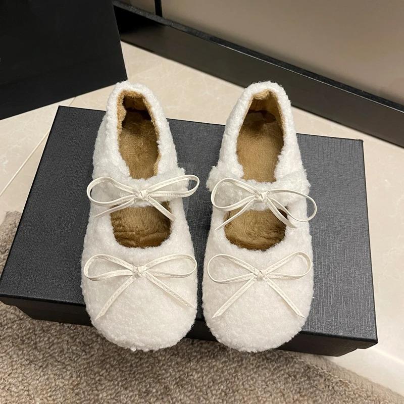 Sweet Bowknot Lambswool Ballet Flats Woman Winter Warm Plush Loafers Ladies Fur Round Toe Mary Jane Shoes