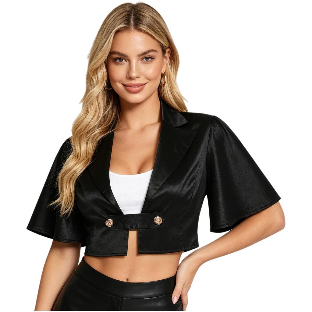 Women Satin Jacket Top Lapel Collar Flutter Sleeve Front Button Blouse Victorian Style for Casual Daily Party Wear