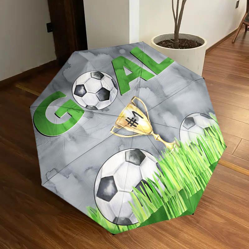 Soccer Goal Trophy & Balls Watercolor Art Print - Perfect for Fans, Travelers, Daily Use, Festive Gifts, Auto-Open Close Umbrella with 3-Fol