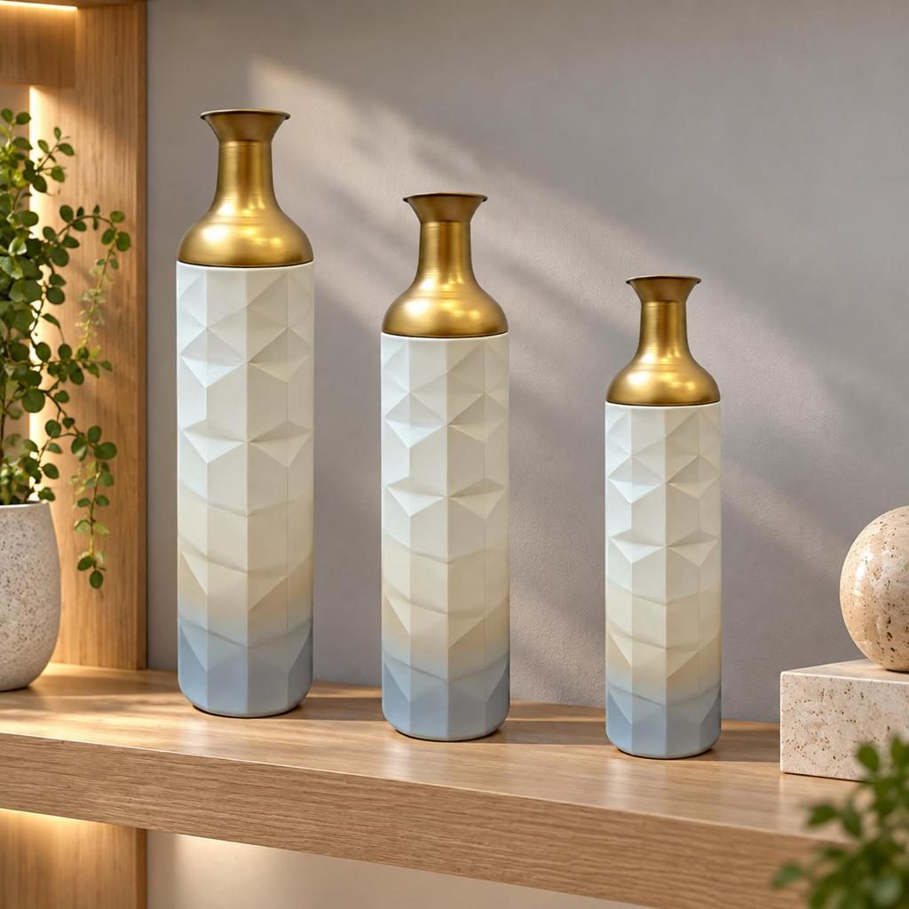 3 Pieces Tall Floor Vase Textured with Gilded Golden Detail Modern for Residential