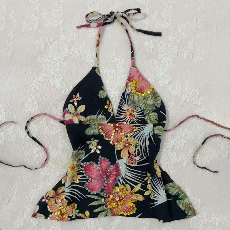 2025 Summer New Floral Print V-Neck French Retro Tie-Up Halter Top for Women Black L