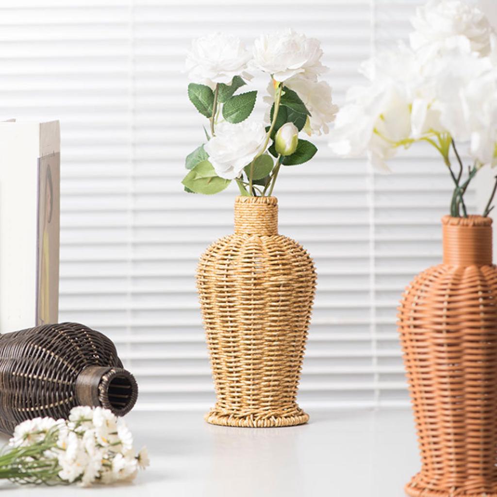 Farmhouses Vintage Faux Rattan Woven Flower Vase for Home Kitchen Imitation Wicker Florals Holder Container Table Decors