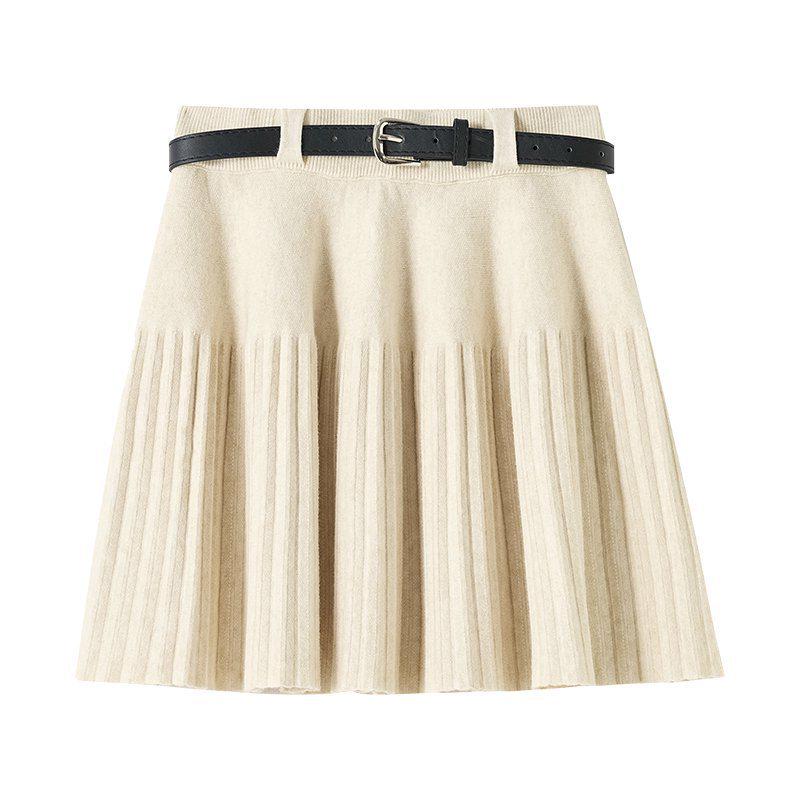 Women's Petite High Waist Knitted A-line Pleated Umbrella Skirt for Autumn and Winter