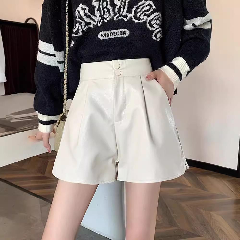 Kaffeefarbene PU-Leder High-Waist A-Linien-Shorts für Damen - Herbst/Winter Lässig Lockerer Schnitt, Hot Girl Stil, Bootcut-Hosen, Maillard-inspiriert.