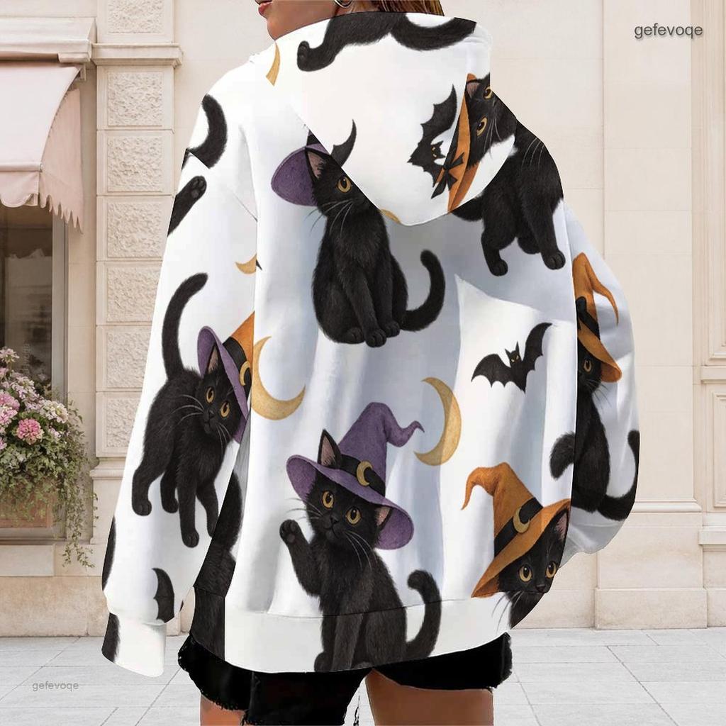 Women Plus Size White Zip Up Long Sleeve Hoodie Drawstring Hood Printed Puppy Pumpkin Fall Leaf Pattern With Pockets