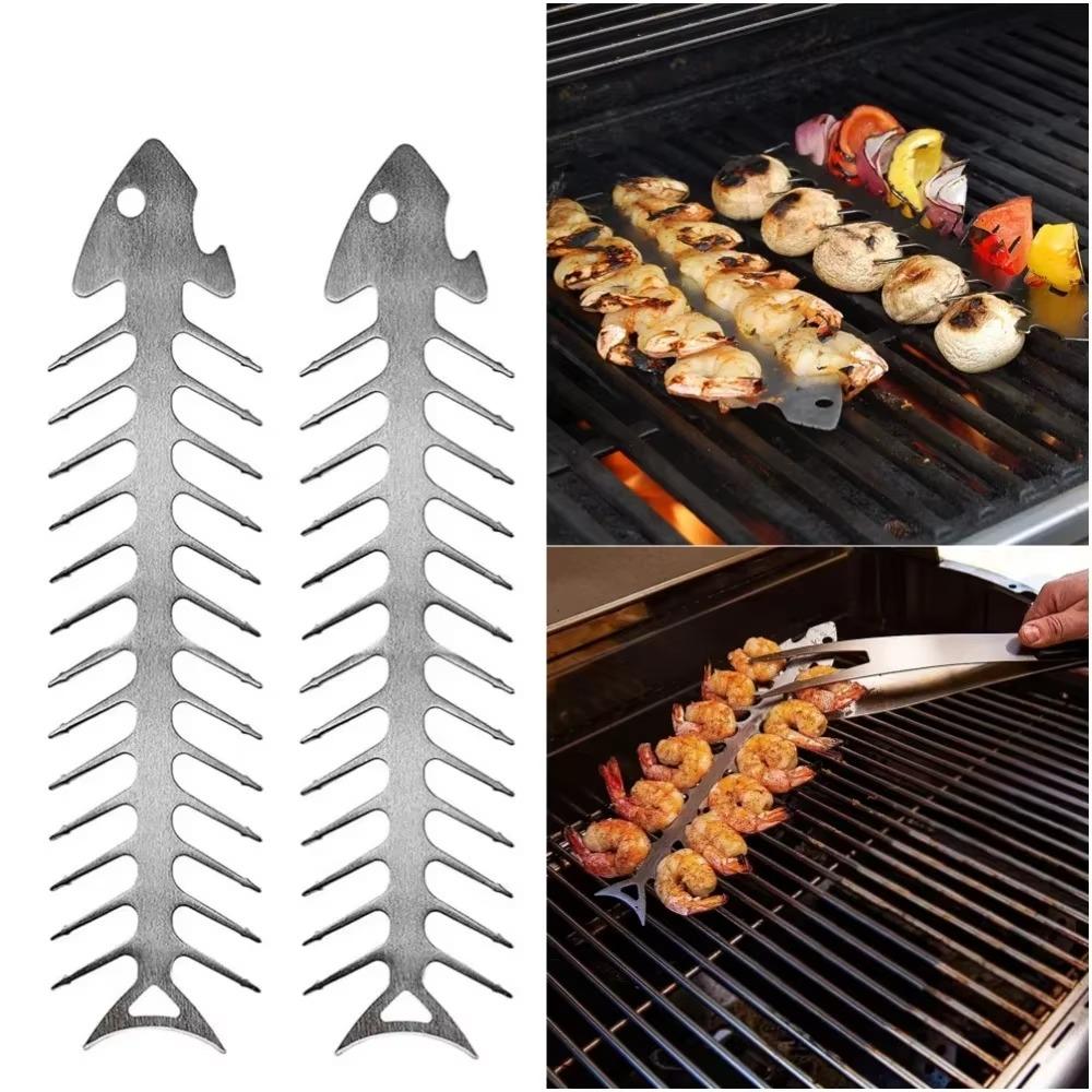 2PCS Stainless Steel Roaster Fork Reusable Barbecue Skewers Creative Fish Bone Skewers  BBQ Net