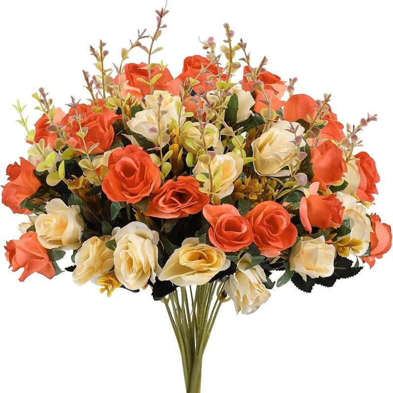 

12 Heads Rose Artificial Flowers Fake Two color Flowers with Stems Faux Roses Flower Bouquets Home Wedding Christmas Party Decor оранжевый