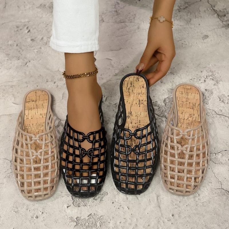Summer Ladies Flat Bottom Hollow Comfortable Jelly Sandals Beach Slippers Breathable Slip-On Shoes