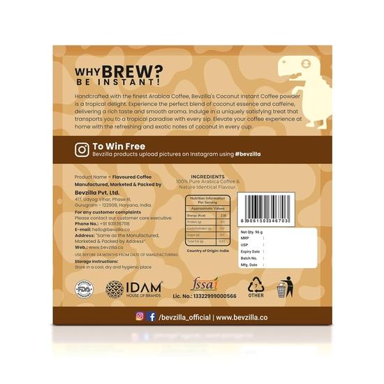 Bevzilla 48 Instant Coffee Powder Sachets (Coconut) - 96 Grams | Makes 48 Cups| Arabica Coffee| Easy To Carry