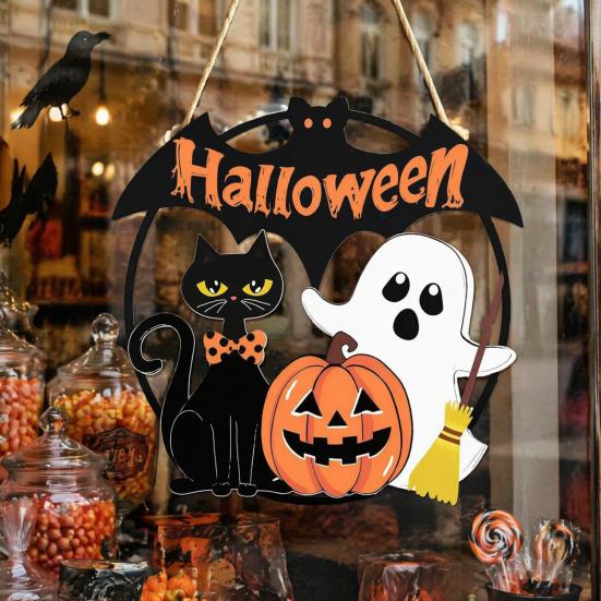 Weather Resistant Halloween Props Wood Hanging Ornament with Ghost Pumpkin Bat Cat Prints, Durable Ornaments Waterproof Front Door Sign for