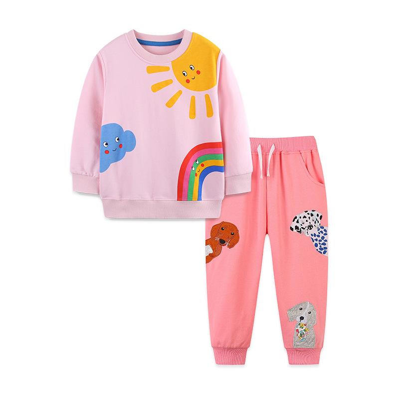 European Girls Autumn Long Sleeve Knitted Cotton Set with Puppy Embroidery 125 cm