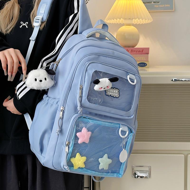 Schoolbag Unisex Kids Black Japanese Ins Transparent Badge Solid Color Junior High School Student Backpack Women's Fashion Student Girl Backpack