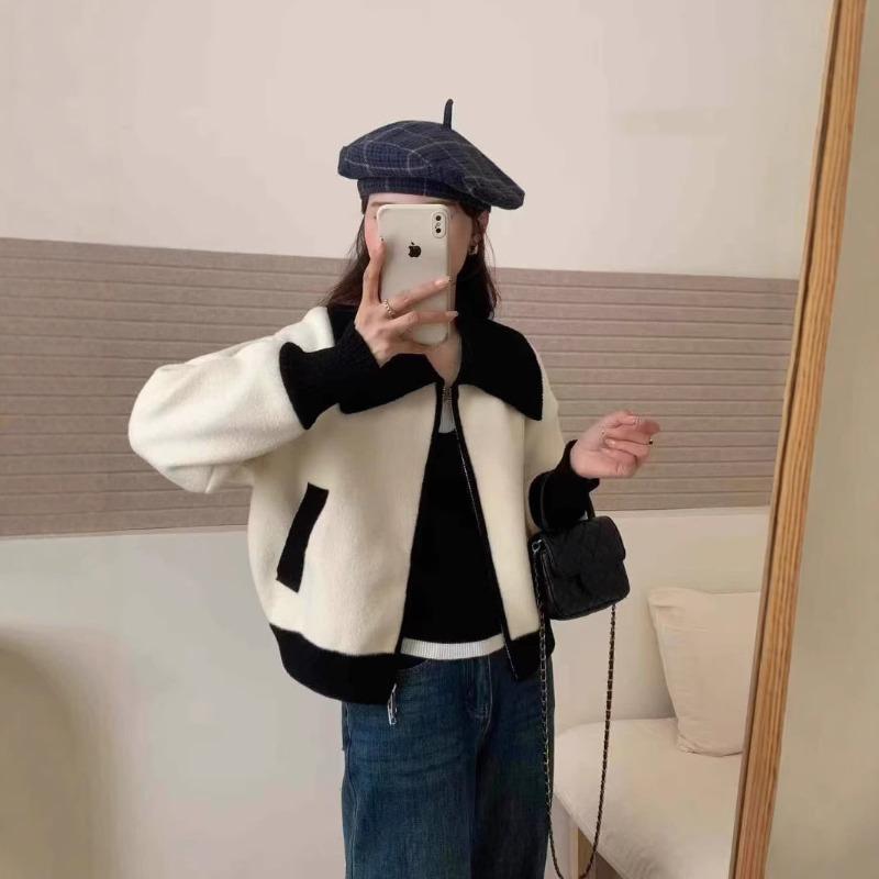 Spring new loose contrasting color lapel zipper knitted double-sided woolen cardigan casual versatile sweater jacket women