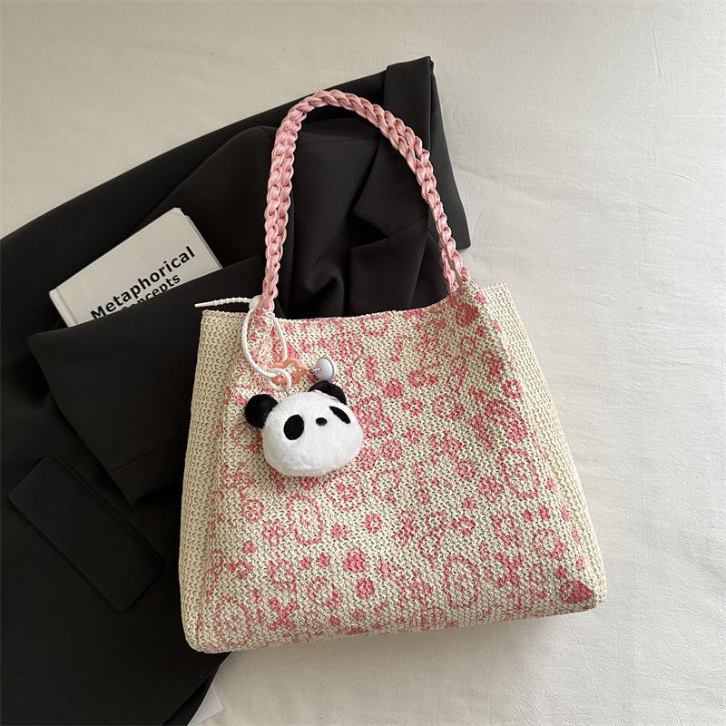 Korean leopard print handbag autumn and winter retro woven knitted bag fashionable large-capacity tote bag female cute student