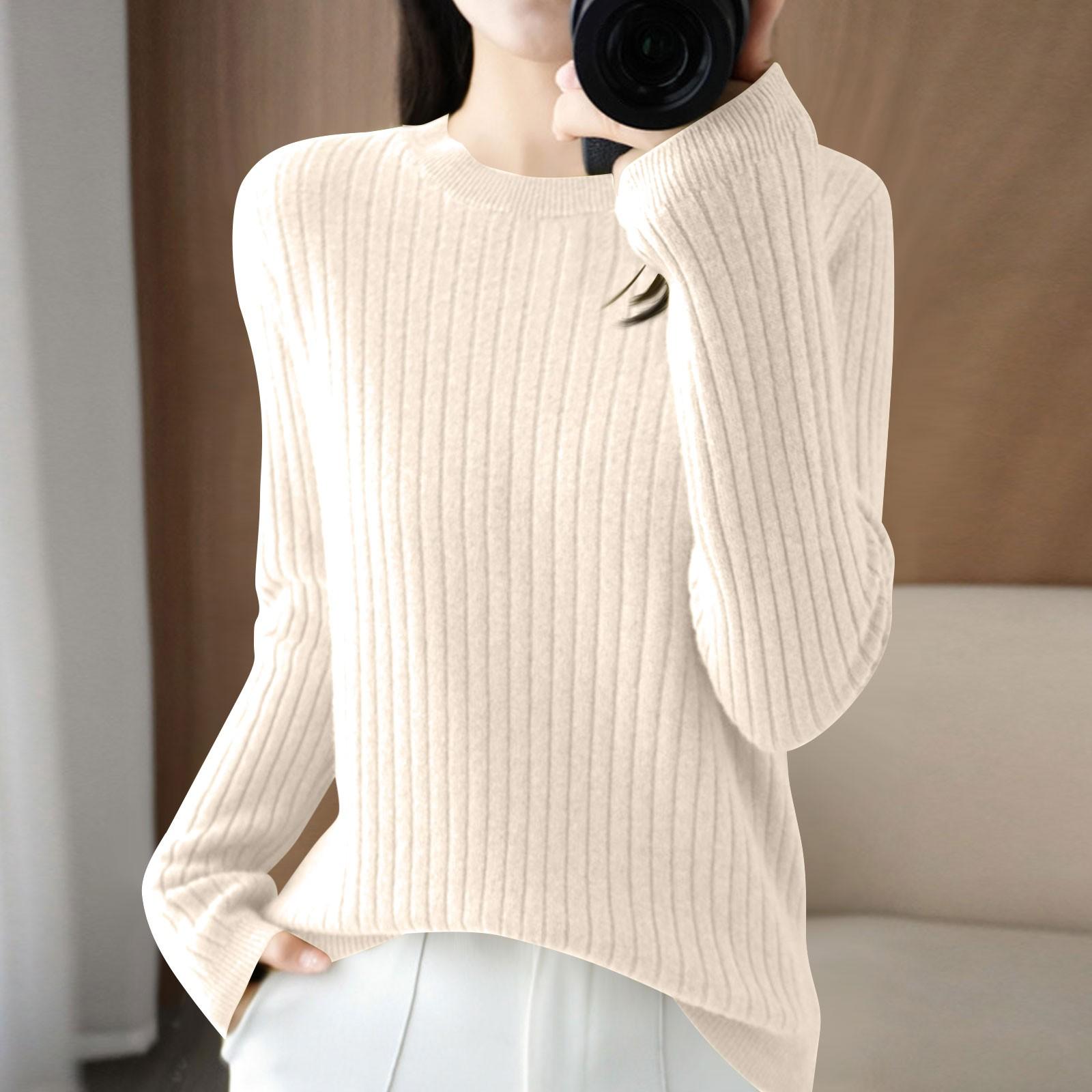 Женская мода свободный трикотажный свитер нижняя часть рубашки круглый вырез пуловер длинный рукав однотонный топ L бежевый 1465₽