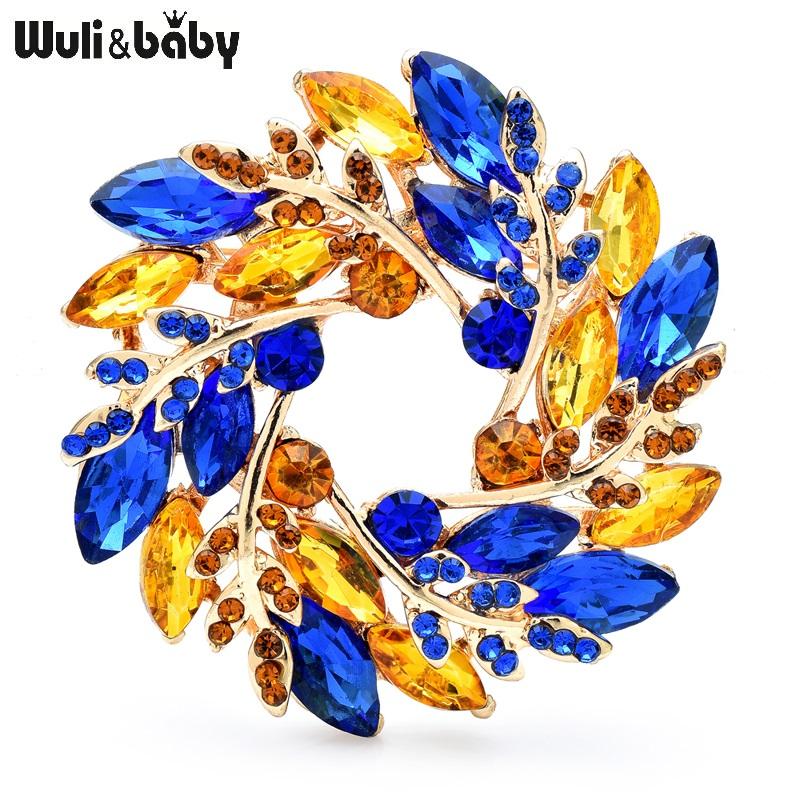 

Wuli&baby Classical Olive Branch Circle Brooches For Women Crystal Round Flowers Party Office Brooch Pins Gifts WHITE синій