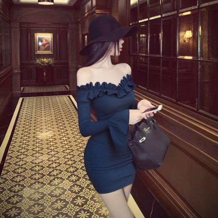 

Women s One-Shoulder Dark Blue Lace Dress - 2025 Autumn Retro Style, Slim Fit, Hip-Hugging Short Skirt 2XL темно-синий