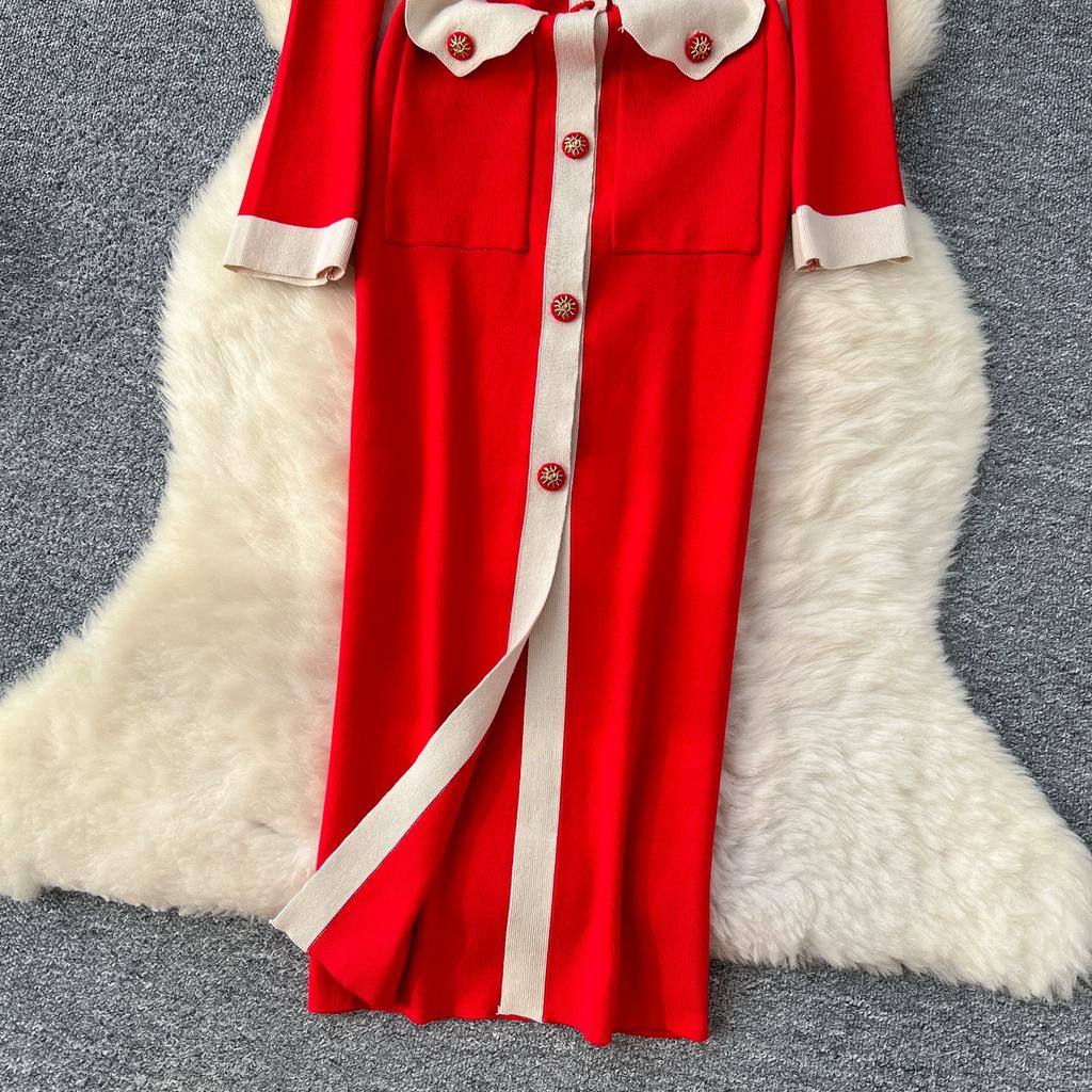 Autumn Winter Women Elegant Color Blocking Single Breasted Knitted Sweater Long Maxi Slim Bodycon Party Dresses