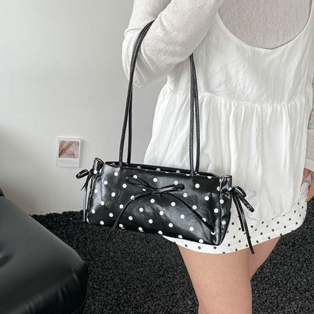 Elegante Borsa a Spalla con Fiocco in PU Finitura Lucida Borsa Rettangolare Sottile Borsa a Spalla a Pois per il Pendolarismo