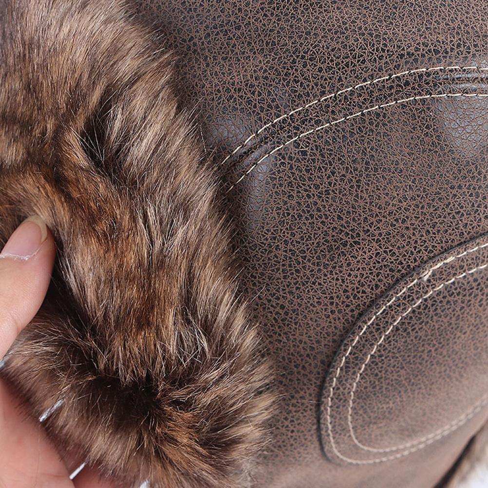 Căciulă de iarnă pentru bărbați din piele PU Lei Feng, caldă, cu protecție pentru urechi, rezistentă la vânt, pentru exterior, pentru schi, pentru drumeții și