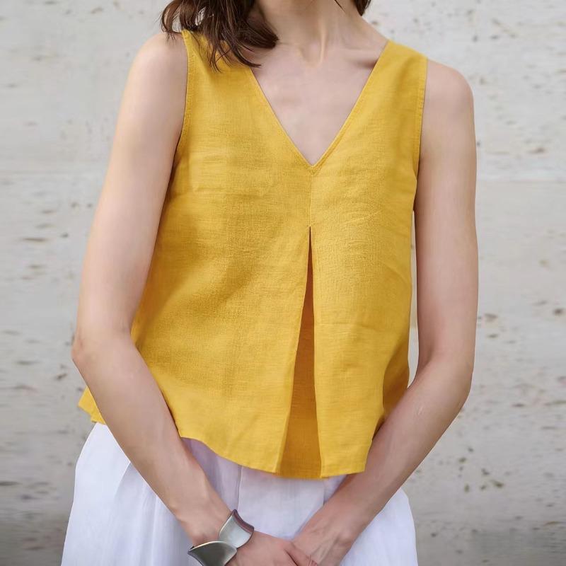 IHUASU Women s Fashion Casual Solid Color Print  Sleeveless V-Neck  Blouses & Shirts S