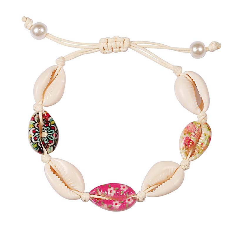 Colorful Printed Shell Bracelet for Women Bohemian Conch Braided Ankle Chain Bangle Adjustable Girls Summer Holiday Jewelry Gift