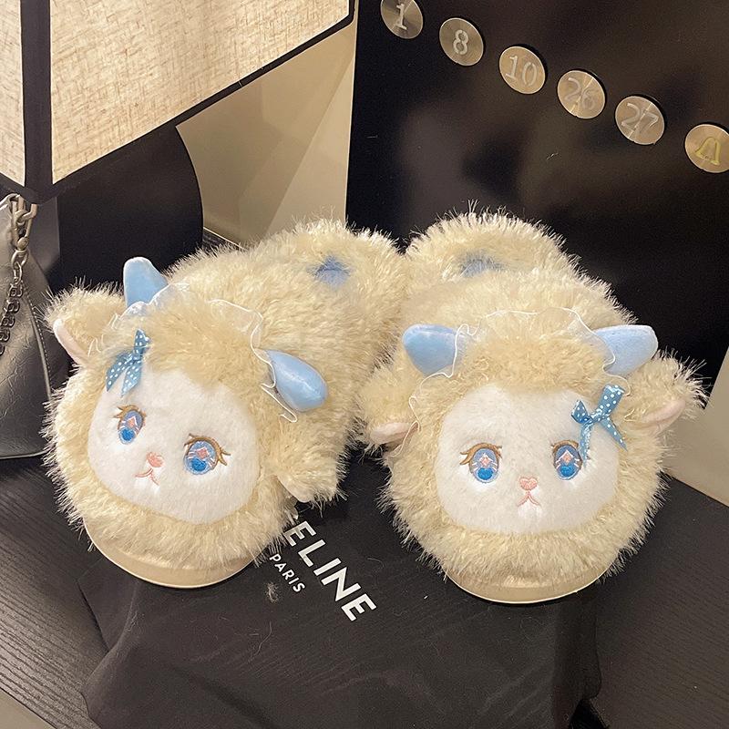 

Сладкие и милые хлопковые тапочки из овечьей шерсти женские 2025 зима домашние студенческие комнатные теплые шерстяные тапочки из хлопка 41