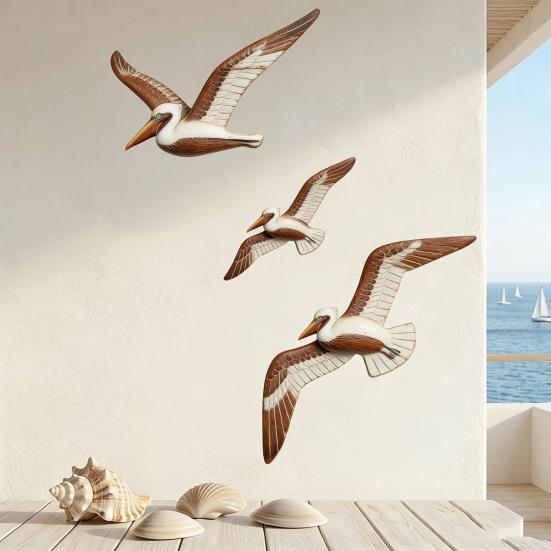 3 Pcs Wood Flying Pelican Wall Art Coastal Theme Nautical Wall Decor Rustic Beach Wooden Bird Sculpture for Living Room Bedroom Home Decor