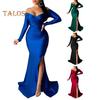 Lady Evening Dress V Neck Off Shoulder Side Slit Floor Length Long Sleeves Pleated Slim Fit Maxi Dress Ball Gown Banquet Party Dress