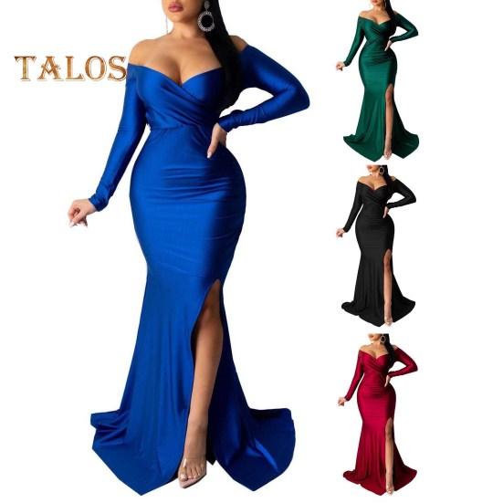 Lady Evening Dress V Neck Off Shoulder Side Slit Floor Length Long Sleeves Pleated Slim Fit Maxi Dress Ball Gown Banquet Party Dress
