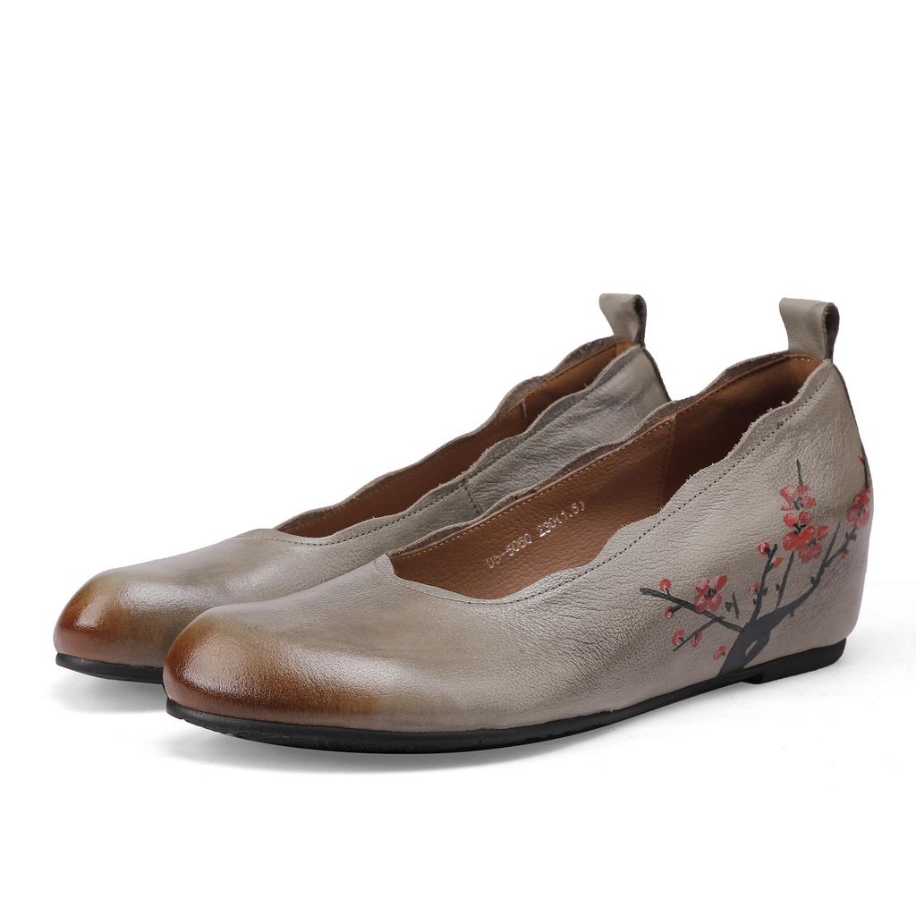 Johnature Retro Ethnischer Stil Höhensteigernde Schuhe Echtes Leder Handgefertigt Runde Zehenkeilabsatzschuhe