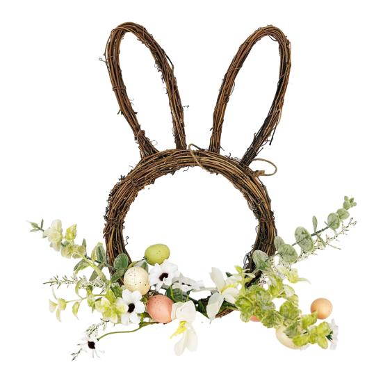 Osterhase Kranz Kleine Hasenform Rattan Kranz mit Pastell-Eiern Blumen für Haustür Innen Außen Frühling Haus Fenster Wand Dekoration