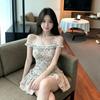 One-word Shoulder Retro Floral Sleeveless Dress Women's Summer Fungus Edge Slim Skirt Spice Girl Waist A-word Short Skirt