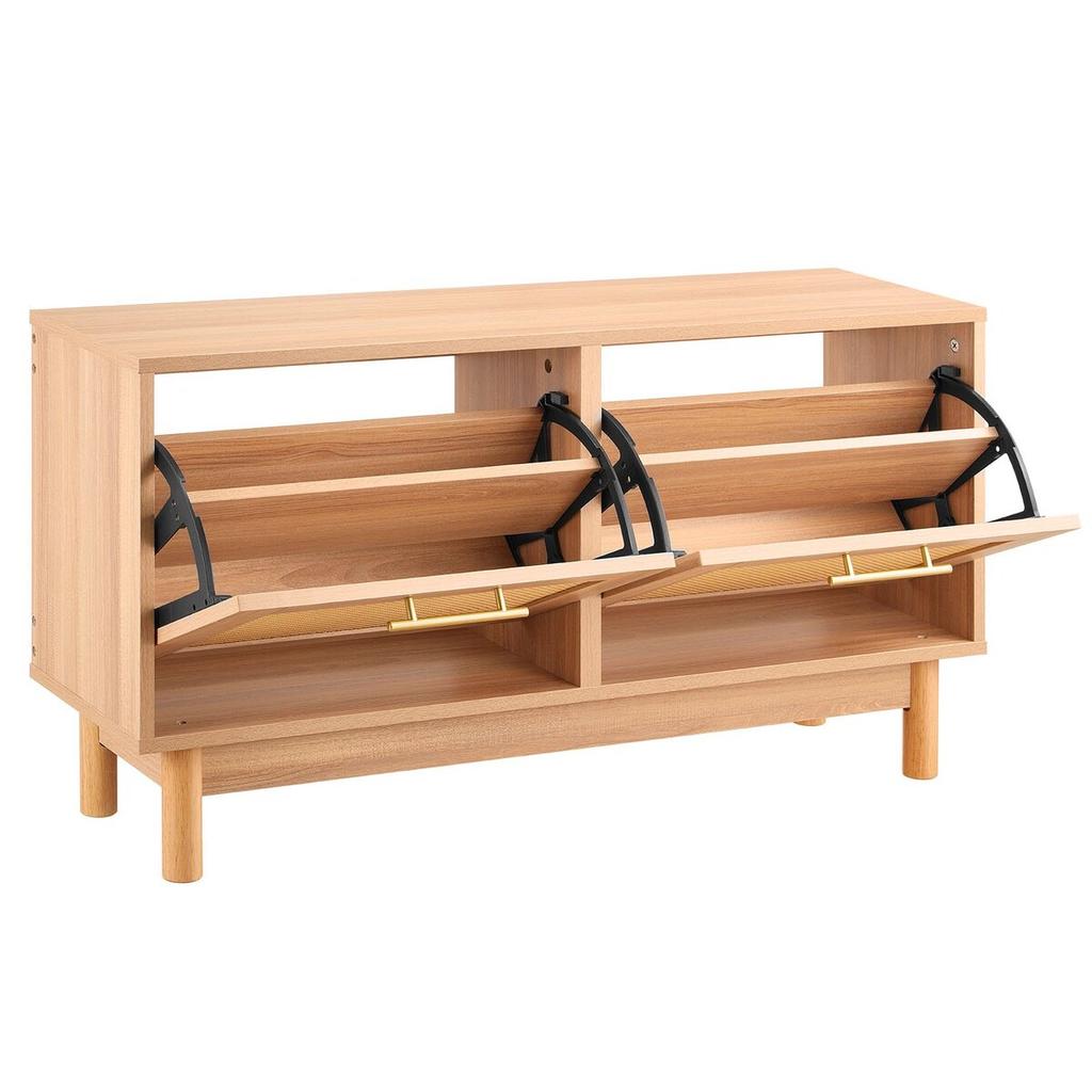 Entryway Shoe Bench, 1000 x 300 x 530 mm Rattan-Like Shoes Bench with 2 Flip Drawers, 300lbs Shoe Storage Rack with 4 Compartments and 2 Rattan Doors,