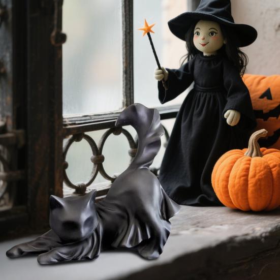 Ghost Black Cat Ornament Resin Halloween Ghost Cat Figurine Spooky Kitty Desktop Sculpture Gift for Cat Lovers