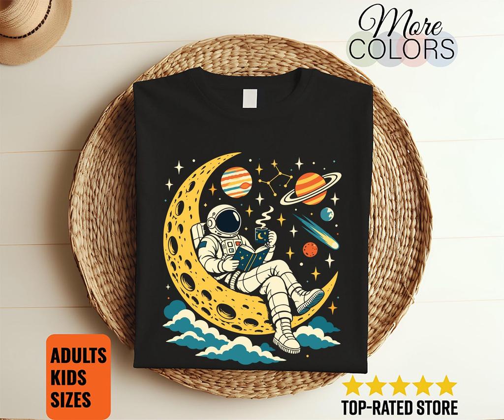 Astronaut Reading Shirt, Moon Coffee Graphic, Space Book Lover Gift, Celestial Reader Tee, Cosmic Library Outfit, Stargazer Birthday Present