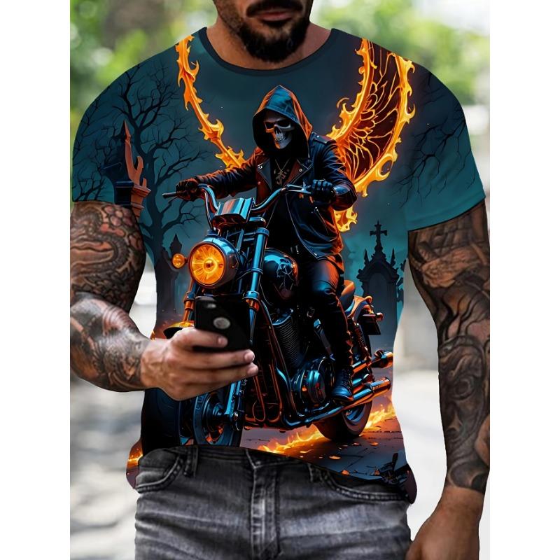 Men S T-Shirt Featuring a 3D Skeleton Design on a Motorcycle, Casual Crew Neck, Short Sleeves, Perfect for Summer, S