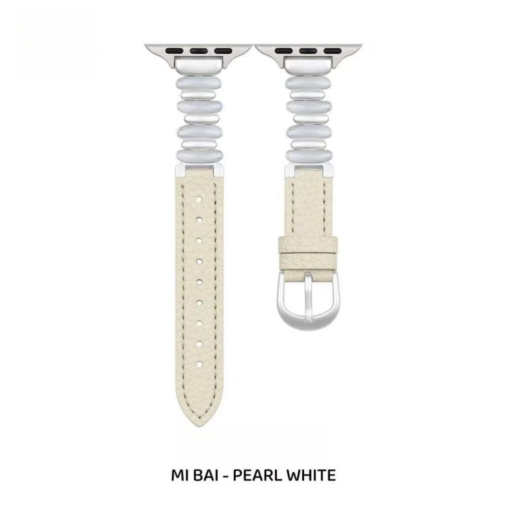Women Luminous Moon White Beaded Lychee Grain Spliced Leather Slim Strap for Apple Watch Series12 11 10 SE1 2 3/Ultra4 3 2 38/42/44/45/49 mm