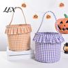 Versatile Household Storage Halloween Basket, Plaid Ruffle Trick or Treat Candy Bucket with Handle Easter Egg Hunt Carriers for Kids, Reusable Gingham